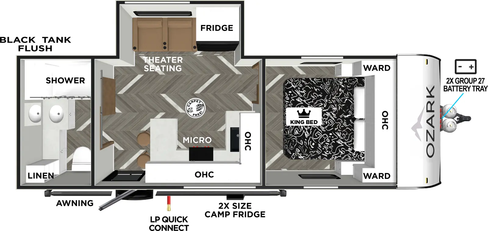 The Ozark 2430RBK floorplan has one entry and one slide out. Exterior features include: fiberglass exterior and 18' awning. Interiors features include: front bedroom and rear bathroom.